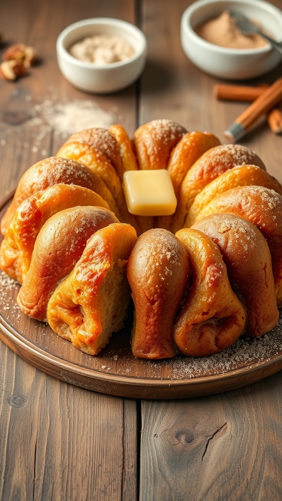 Golden-brown monkey bread with cinnamon sugar on a wooden table, ready to be pulled apart.